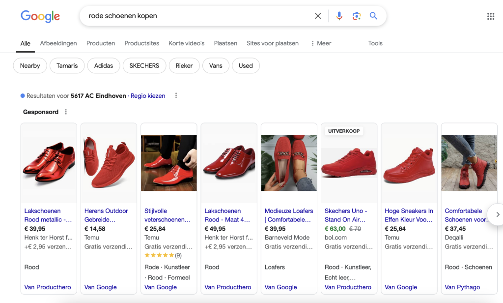Online zoeken rode schoenen kopen Google Shopping overzicht - JKC